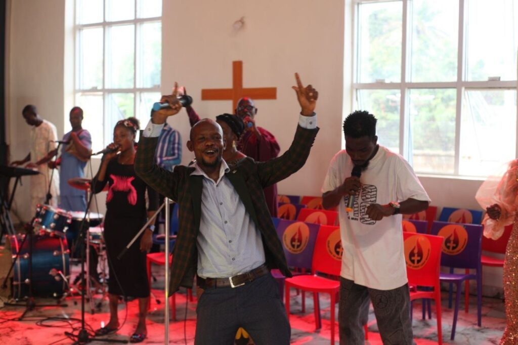 Members of the congregation talking together after a service